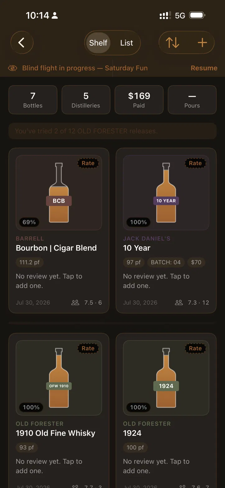 PourMe shelf view showing bottles with fill percentages