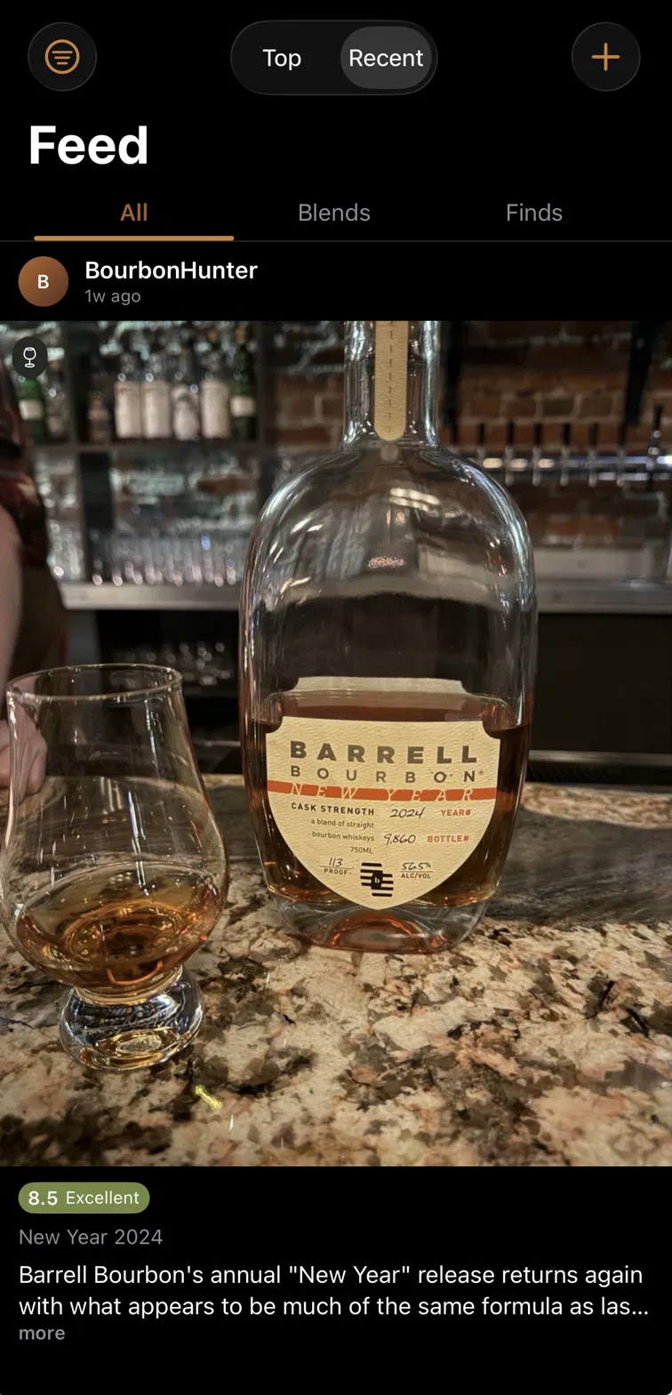 PourMe community feed with a bottle review