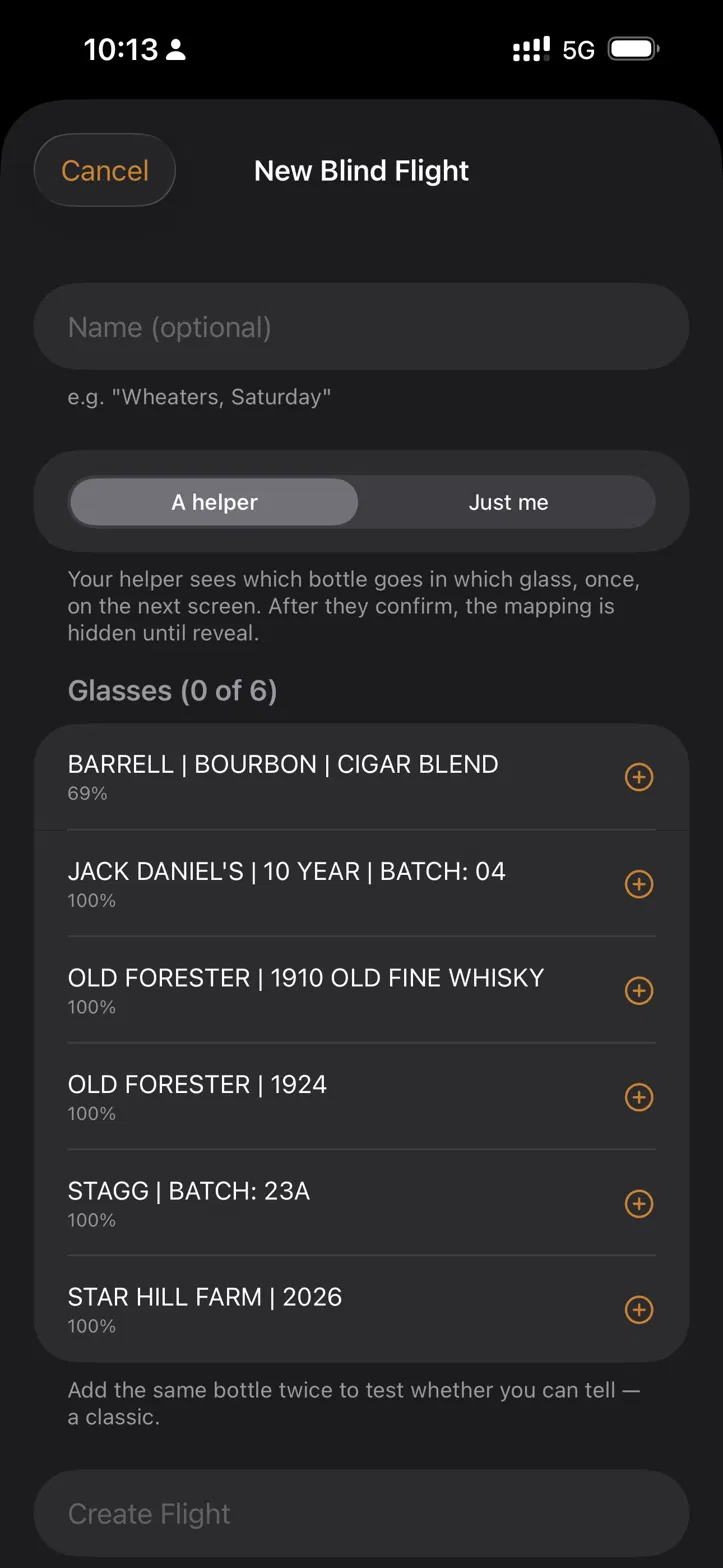 New blind flight setup screen with glasses and bottle picks